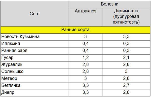 Степень устойчивости ранних сортов малины к антракнозу и пурпуровой пятнистости (дидимелле)